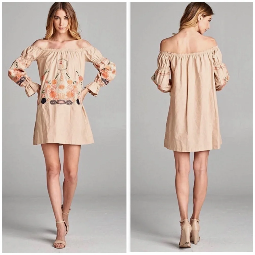 The Impeccable Pig Embroidery Top Off Shoulder Dress Tunic Long Sleeve Size M